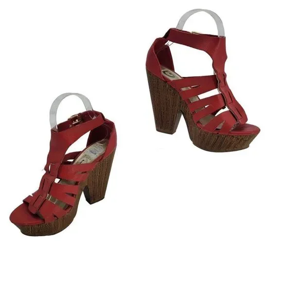 Y2K Guess Strappy Wedge Platform Sandals 8 Red Faux Vegan‎ Leather Chunky Heels