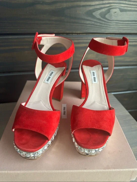 Miu Miu Red Suede Crystal-Trim Platform Sandals