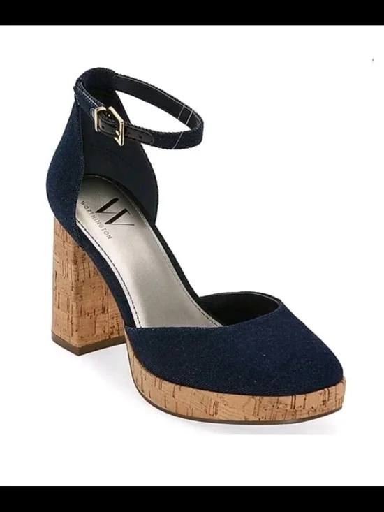 Worthington Denim Panama Cork Block Heel Boho Pumps Shoes Strappy Size 9.5M