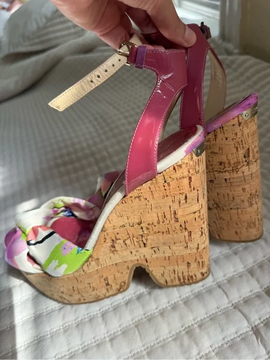 Jimmy Choo Patent Pink Platform Cork Wedge Sandals
