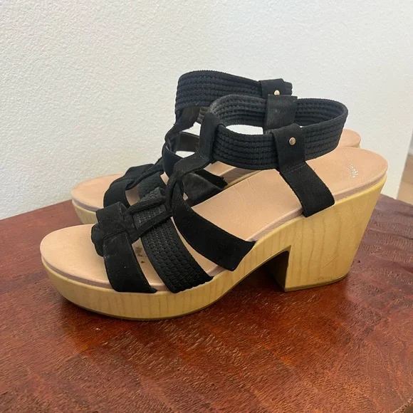 Dr. Scholl's Faux Wood Black Chunky Platform Heeled Blossom Boho Sandal Sz 11