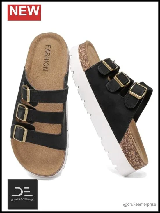 Chunky Cork Platform Sandals with 3 Adjustable Buckles - Comfortable Wedge