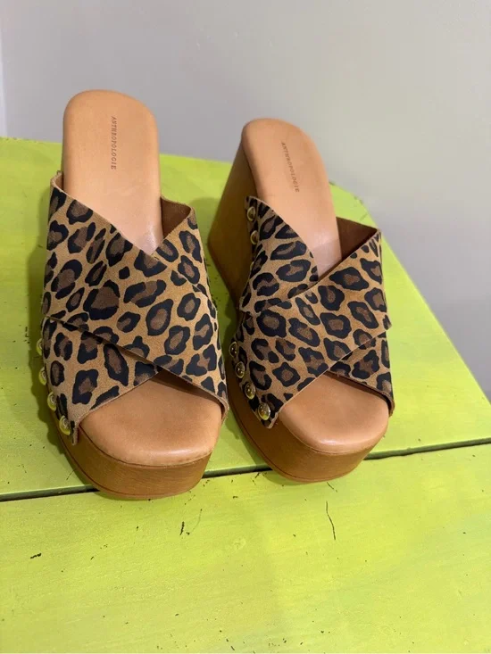 Anthropologie Leopard-Print Crisscross Platform Slides in Tan and Black