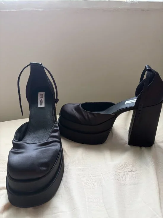 Steve Madden Charlize Black Satin Platform Heels with Ankle Strap