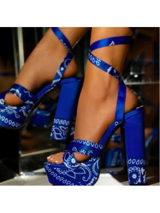 Hata Blue and White Bandana Print Platform Heels Size 9 Festival Exotic Dancer