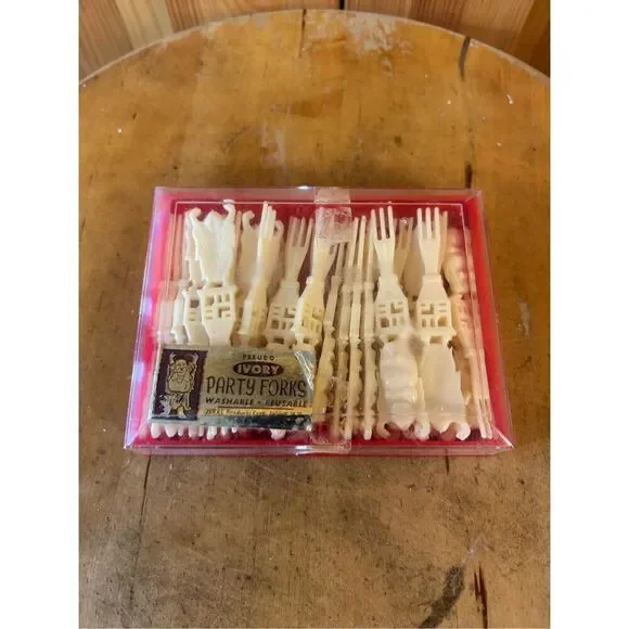 Pseudo IVORY Party Forks HAPPY BUDDHA Jeral Products Appetizer Fork USA 1960'S (