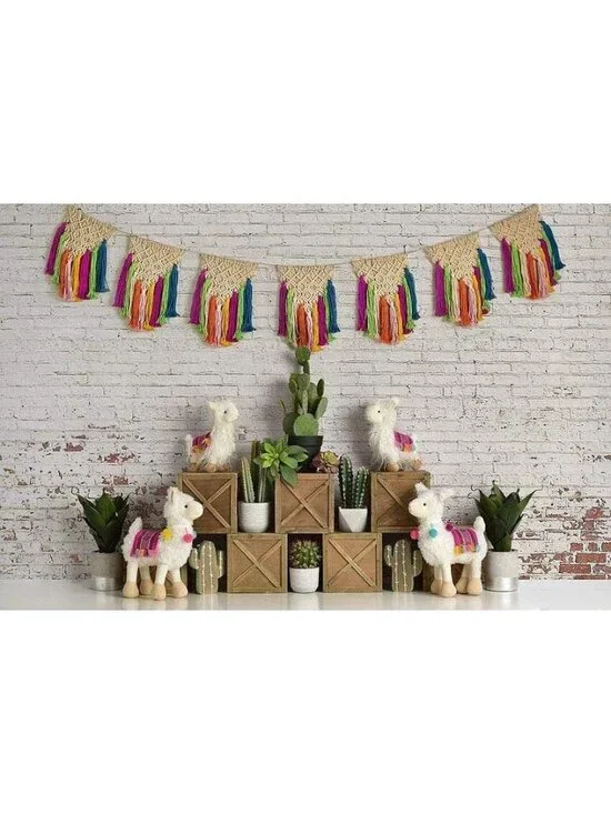 Kate Backdrop Fabric 5'x7' Boho Llamas Cactus Colorful Rainbow Wrinkle Resistant