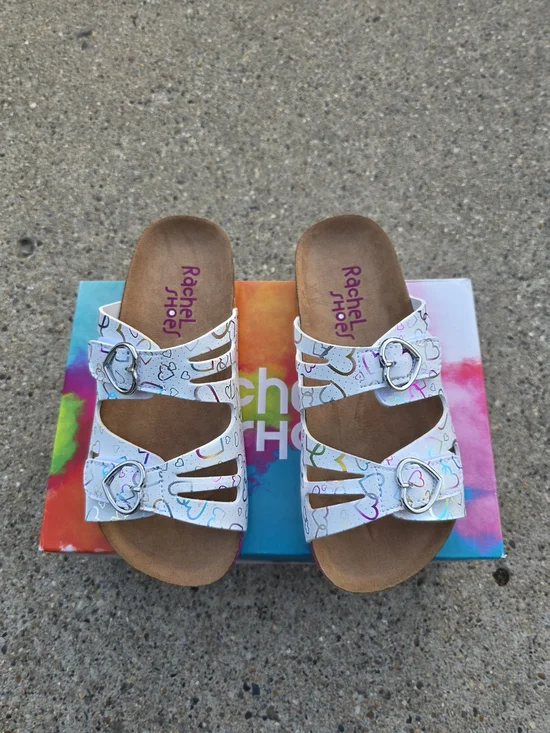 Rachel Shoes Kids White Heart-Print Slide Sandals Little Girl Size 2Y