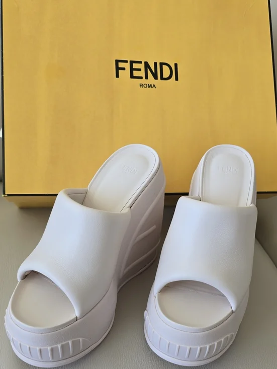 Fendi Cream Leather Platform Slide Wedges