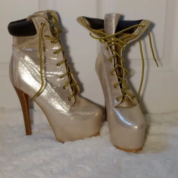 Women's Platform Lace-Up High Heel Ankle Boots - Champagne