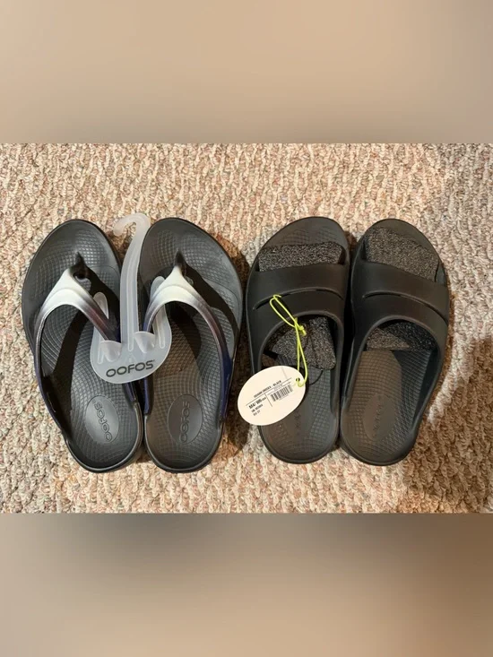 OOFOS Black Flip Flops and Black Slide Sandals - 2 Pair Set