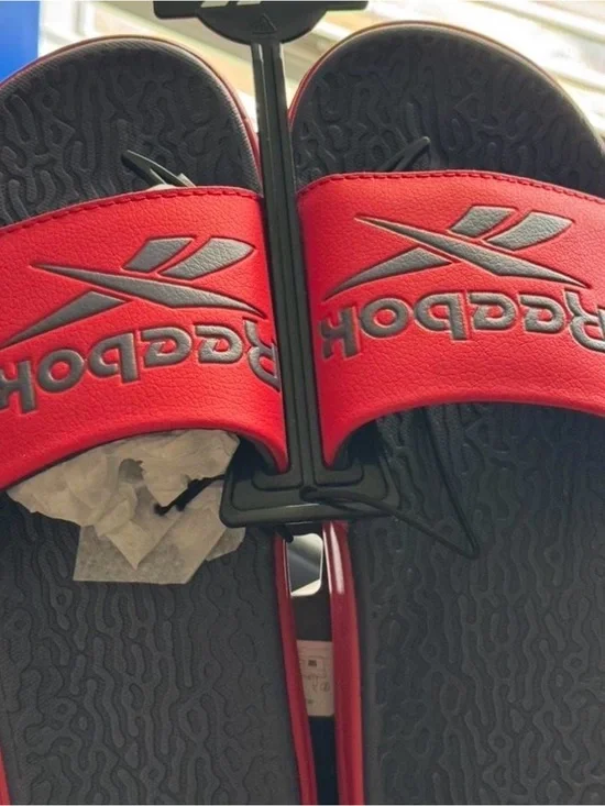 Reebok Red and Black Slide Sandals with Raised Logo
