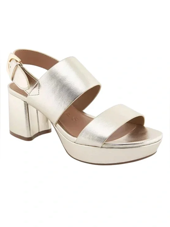 New AEROSOLES Camilia Round Toe Metallic Gold Platform Sandal Comfort Block Heel