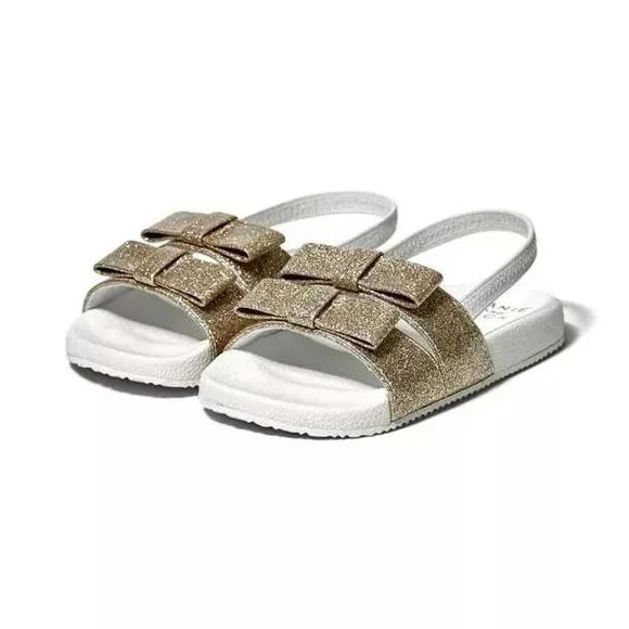 Janie and Jack Girls Gold Glitter Pool Double Bow Slide Sandals Elastic‎ Strap 5
