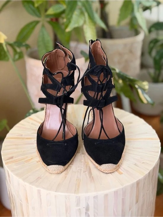 Aquazzura Black Suede Lace-Up Wedge Espadrille 37.5 / 7.5