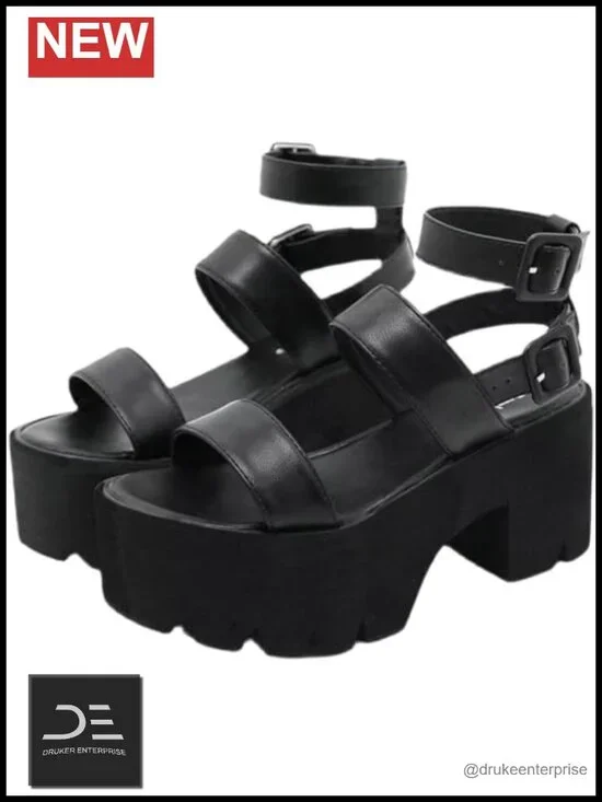 Gothic Platform Sandals Ankle Strap Chunky High Heels Open Toe Slingback