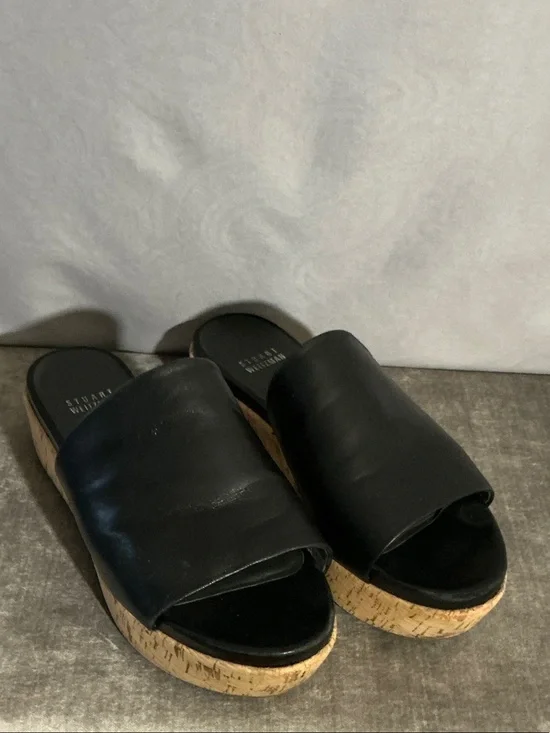 Stuart Weitzman Leather/Cork Platform Slides