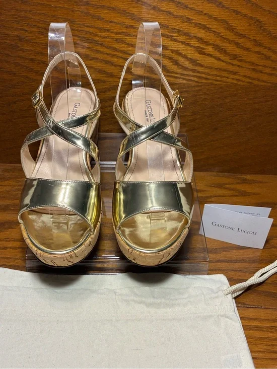 Gastone Lucioli ITALY MADE Metallic Gold Cork PlatformWedge Sandals EU 41 US 10
