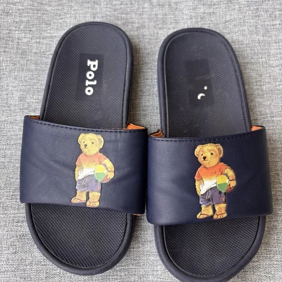 POLO Ralph Lauren Little Boy's Cayson-Bear Slides Blue Sandals Beach Sz 12