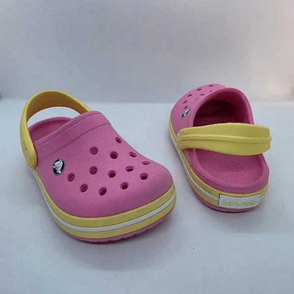 Crocs Kids Crocband Clogs Pink Yellow Toddler Size‎ 6-7 Sporty Slip On Shoes