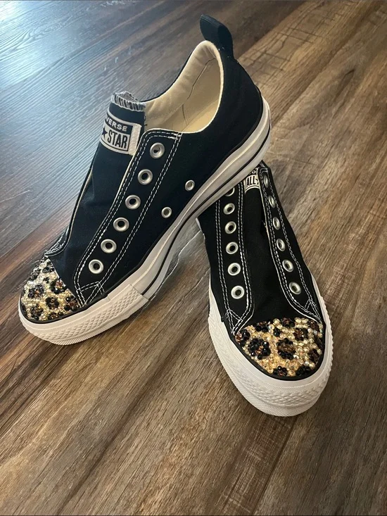 Converse Black Slip-On Sneakers with Swarovski crystal leopard print toes!