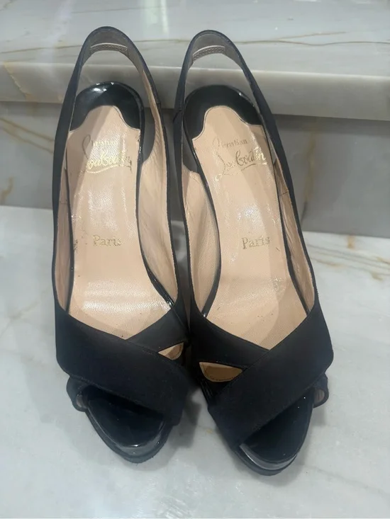 Christian Louboutin Very Croisé 140 Black Satin Slingback Heels Size 38.5