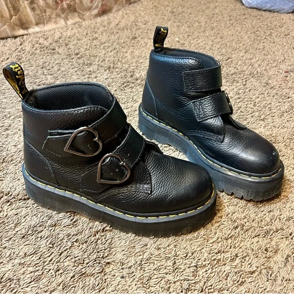 Dr. Martens Black Leather Platform Ankle Boots with Heart Buckles