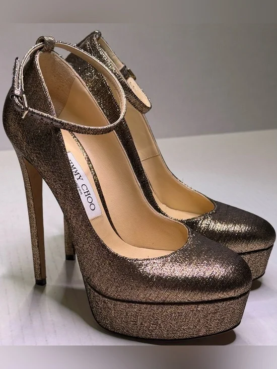 Jimmy Choo Klerise 150 Bronze Metallic Platform Ankle Strap Pumps EU 38 Italy