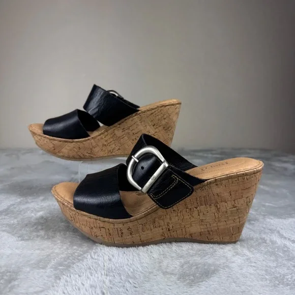 Born Black Leather Cork Wedge Slide Sandals Women's Size 10.5 Buckle Comfort