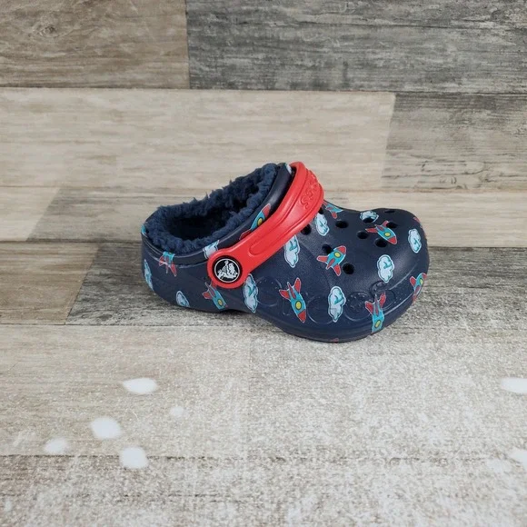 Crocs Baya Lined Printed Toddler Clog Sz 7 Navy Flame Ankle Strap‎ Slip On Shoes