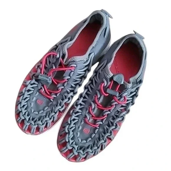 Keen Uneek O2 Kids Sz 3‎ Grey Red Braided Cord Lace Up Athletic Sandals Shoes
