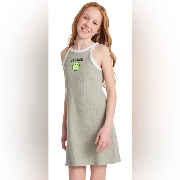 Ribbed Gray Sleeveless Dress  Graphic Print Smile Patch New girls 7-8