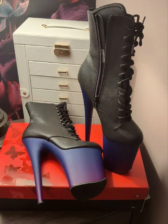 Pleaser Flamingo Black Lace-Up Boots with Blue Purple Ombre Platform