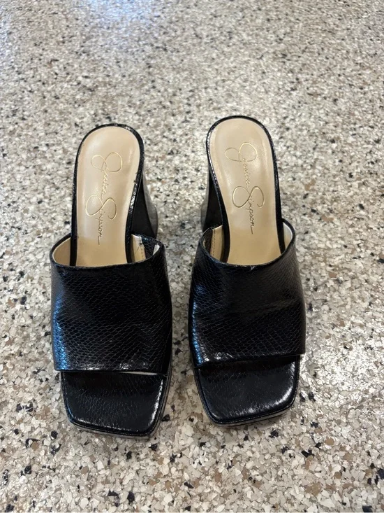 Jessica Simpson Black Leather Square Toe Slide Mules