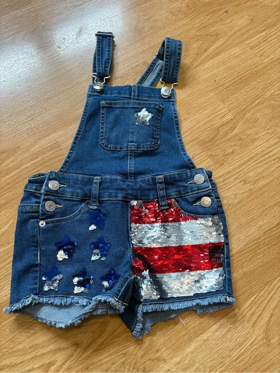 Justice size 6, Denim Sequin Short Overalls - Blue with Red, Silver Accents