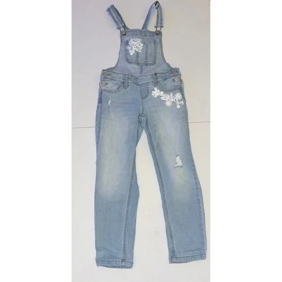 Justice Overalls Girls Size 7 Light Blue Denim Lace Floral Distressed Stretch