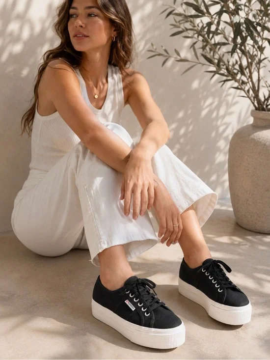 Superga 2790 Platform Canvas Sneakers Black White Size 9.5