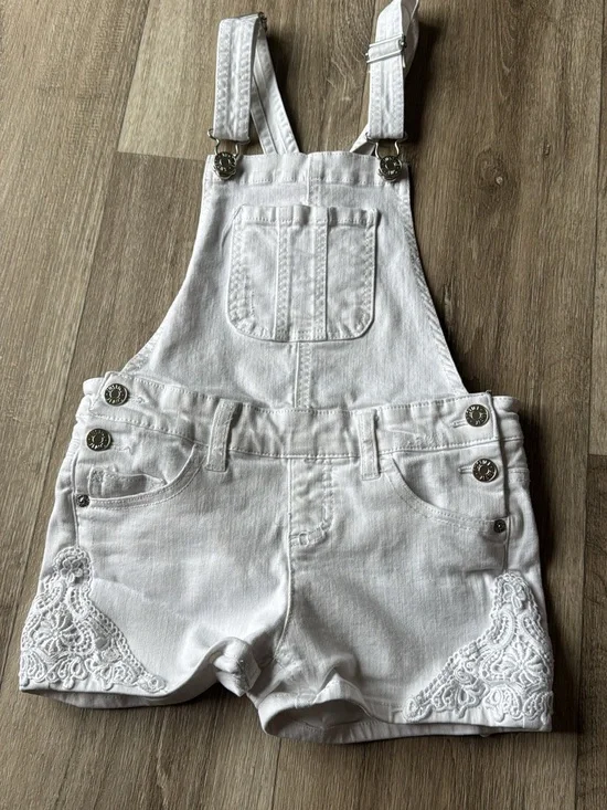 Justice White Denim Lace-Trim Overall Shorts