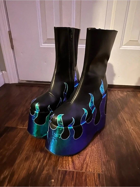 Dollskill x ClubExx Black Platform Ankle Boots w/ Iridescent Flames Cerulean