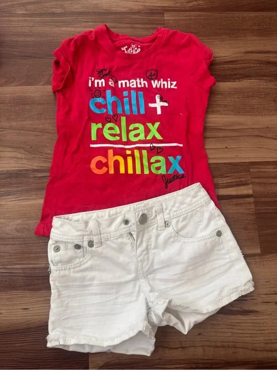 Justice Red Graphic Tee and White Shorts Set