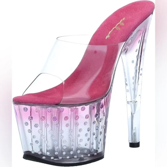 Ellie Shoes Clear Glitter Dot Platform High Heel Mules 7” Heels Pink Size 6 NEW