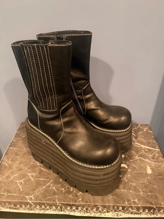 Dolls Kill Black Platform Mid-Calf Boots with Contrast Stitching