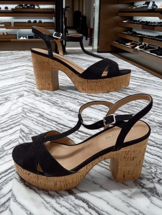 New Sun & Stone Julien Black Cork-Platform T-Strap Sandals - 10M
