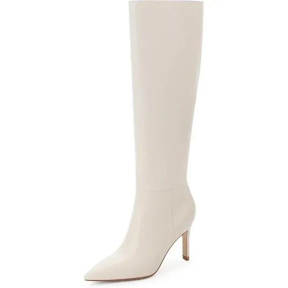 Women Beige Faux Leather Pointed Toe Tall  Stiletto High Heel Zipper Dress Boots