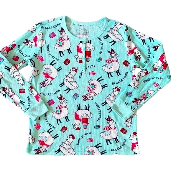 JUSTICE Christmas Llama Long Sleeve Waffle Knit Henley Top