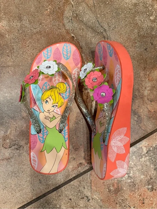 Disney Coral Platform Flip Flops with Glitter Straps and Floral Accents