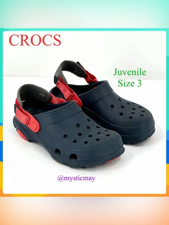 Kids Navy Blue CROCS Clogs w Red Adjustable Length Heel Straps Juvenile Size 3