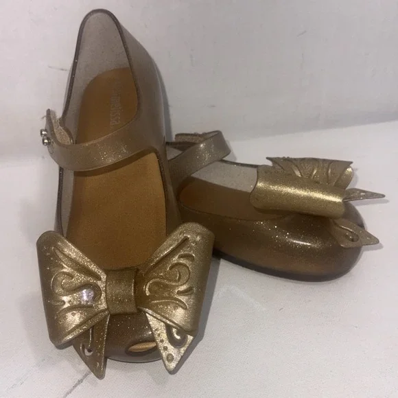 Mini Melissa Preppy Designer Glitter Gold Bow Jelly Flats Sandals Girls Size 11