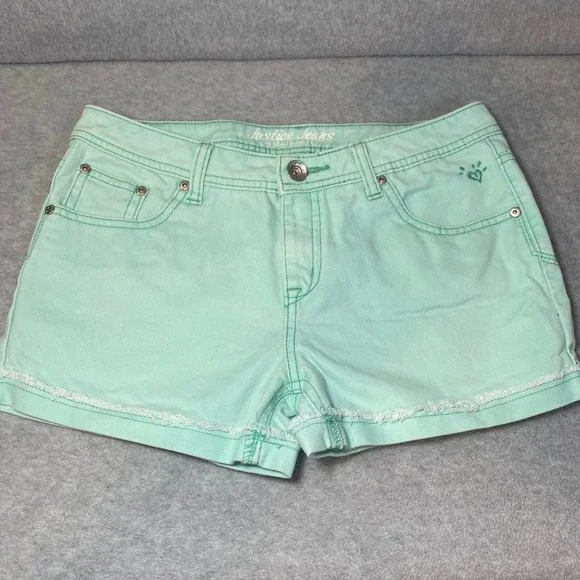 Justice‎ Denim Shorts Kids Girls 12.5 Mint Green Frayed Raw Hem Low Rise EUC