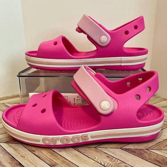 Crocs Bayaband Sandals Kids J3 Women 5‎ Electric Pink Candy Stripe 205400-6QQ